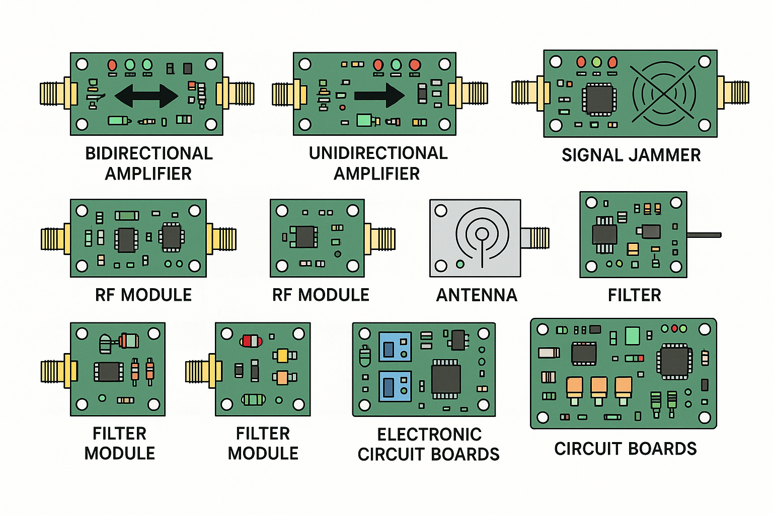 signal module, bidirecitonal amplifier, unidirectional amplifier. jammer and many modules..